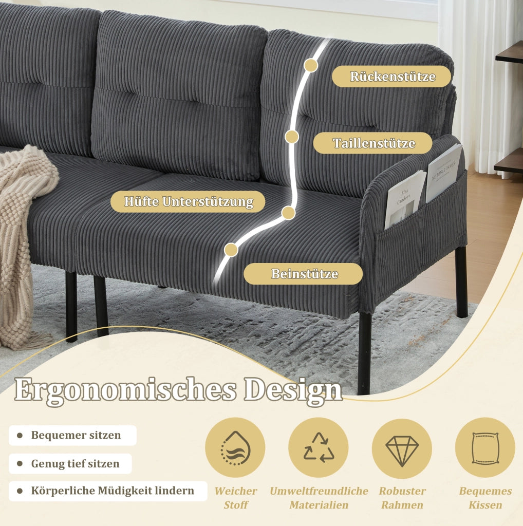 Divano a 3 posti in corduroy grigio 171x72x80 cm con tasca laterale e struttura in metallo