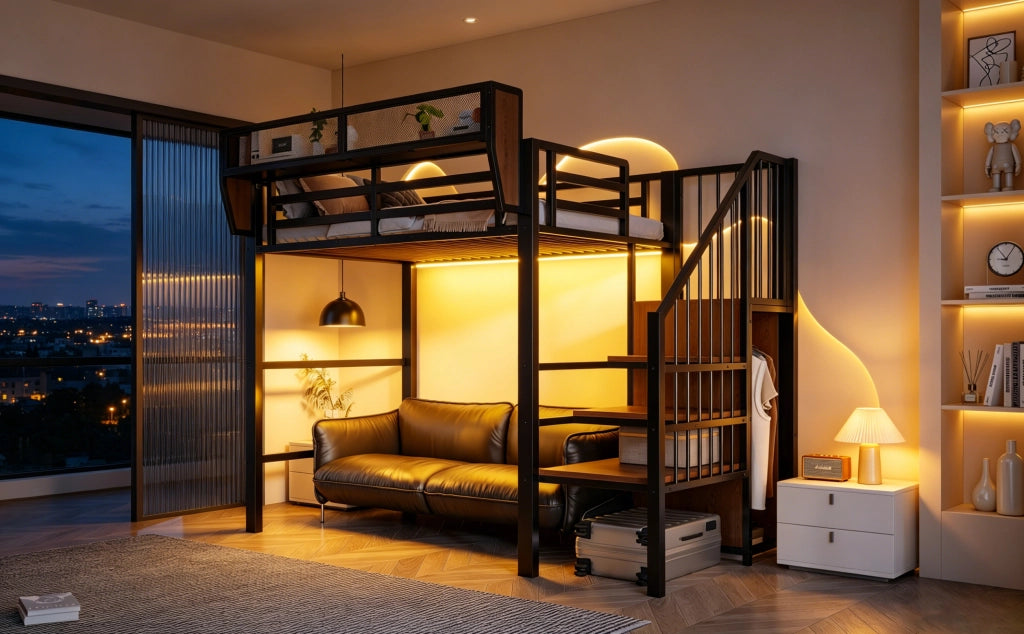 Letto a soppalco 90 × 200 cm con LED, scala di sicurezza e ripiano regolabile, senza materasso, in metallo, nero