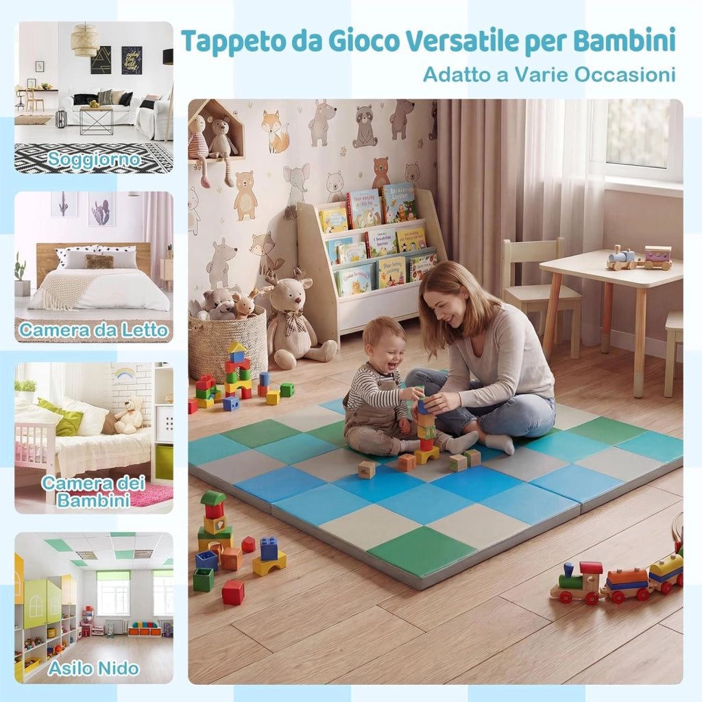 Tappeto Gioco Pieghevole, 144 x 144 cm, Tappetino da Ginnastica con Pelle Impermeabile, Tappeto da Pavimento per Cameretta (Blu+Verde)