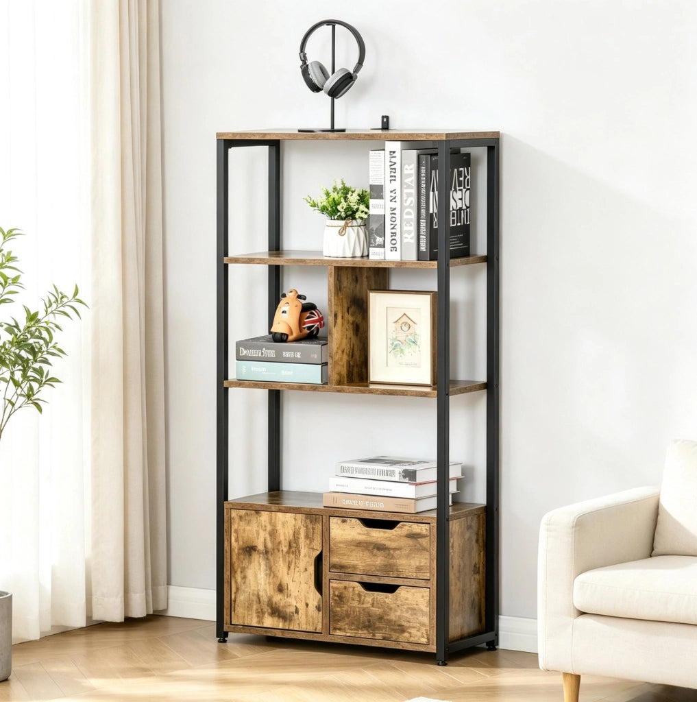 Libreria 58x24x122 cm nera e legno antico, acciaio con mobile e 2 cassetti