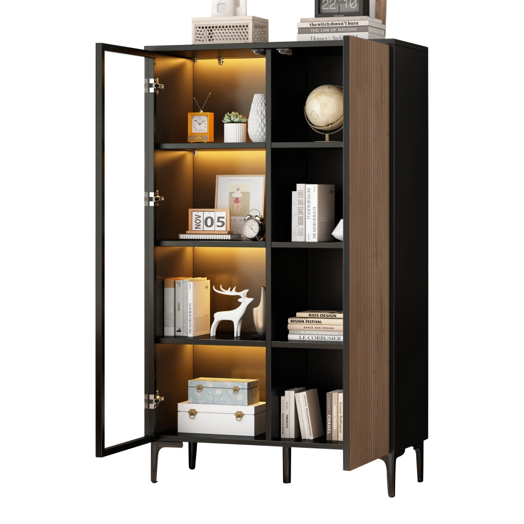 Credenza alta con 2 ante, vetro temperato, MDF, 90×40×135 cm, nero e effetto legno, con LED RGB controllati da app, 8 vani e 2 colli