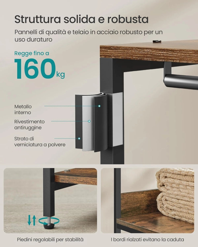 Guardaroba, Stand Appendiabiti, Armadio Aperto con Aste per Appendere, Ripiani Portaoggetti, Ganci Rimovibili, 118 x 40 x 181 cm, Marrone Vintage RGR025B01