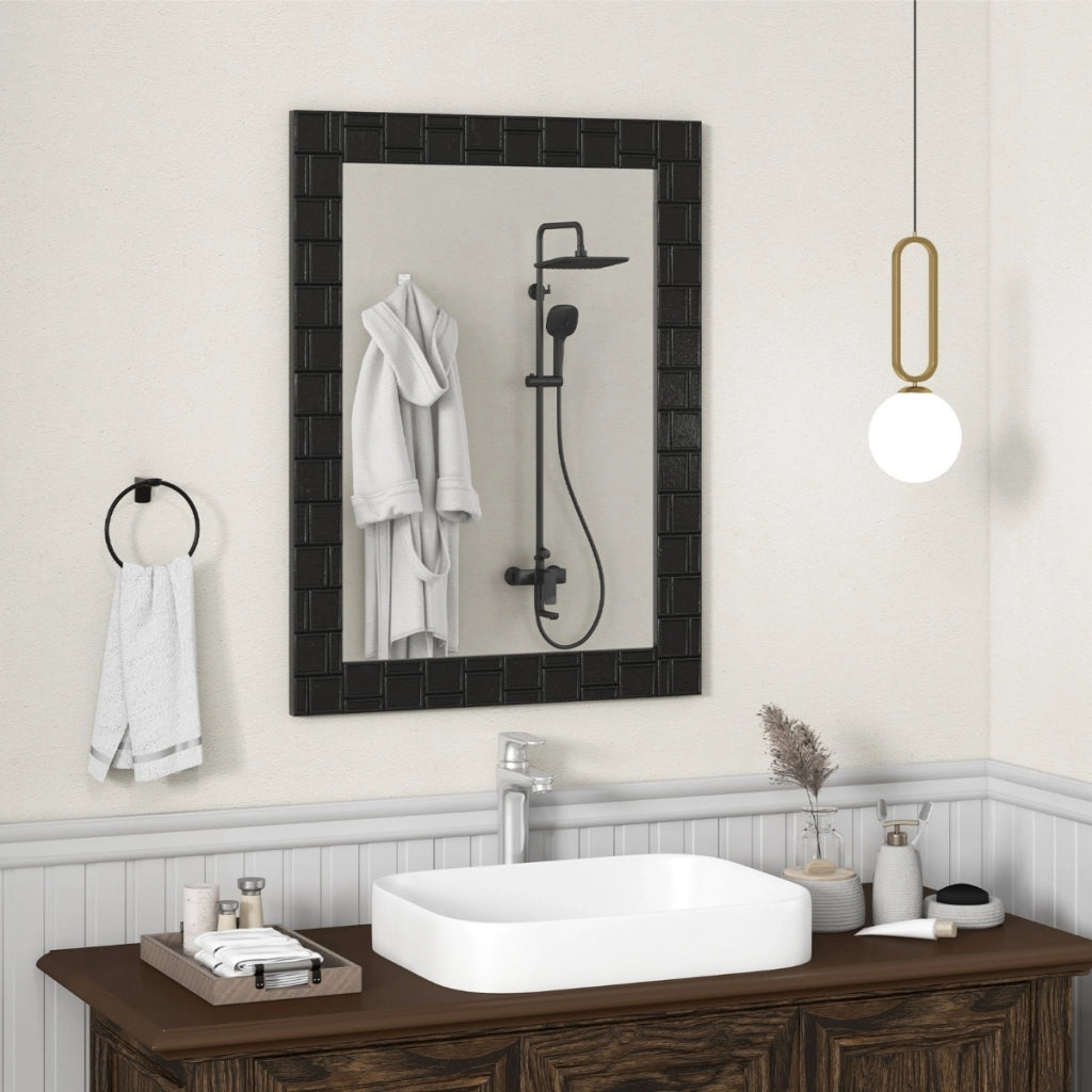 Specchio da parete con cornice in legno di gomma 80x60cm, Specchio moderno rettangolare per bagno Nero