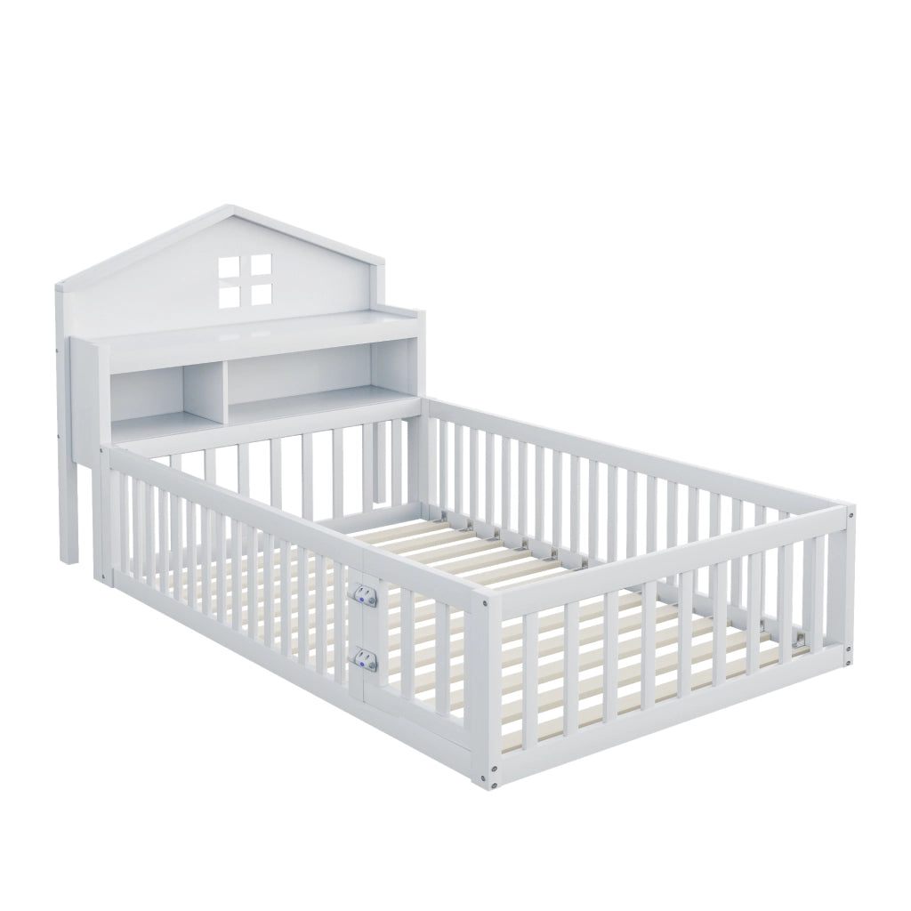 Letto a forma di casa bianco in legno massello con funzione contenitore e rete a doghe 90x200 cm