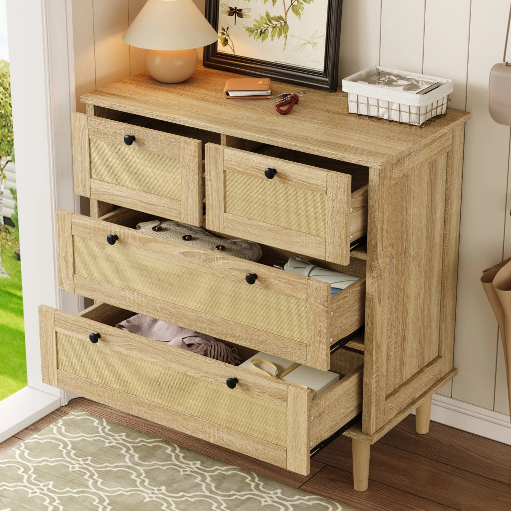 Chest of drawers with four rattan drawers - Zephmum- Solid wood legs