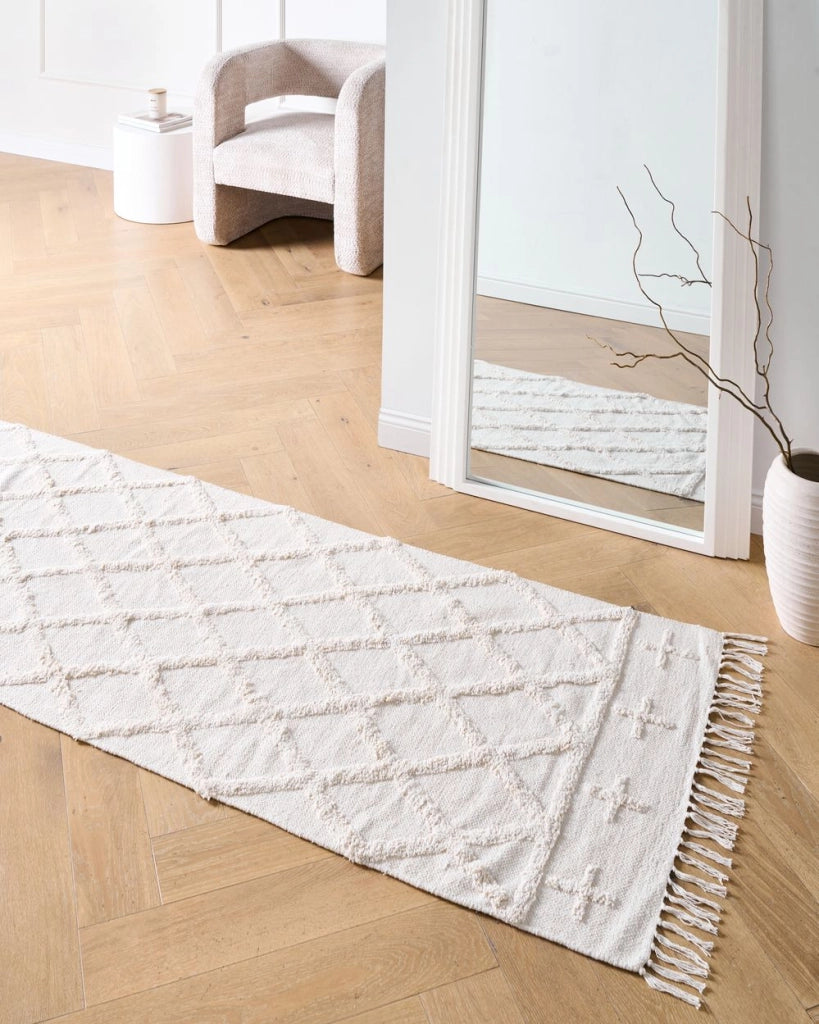 Tappeto geometrico cotone in stile boho 80 x 230 cm beige camera da letto salotto