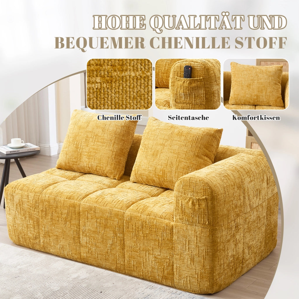 DIVANO Chaise longue 158x90x60 cm in chenille giallo con cuscino e tasche laterali