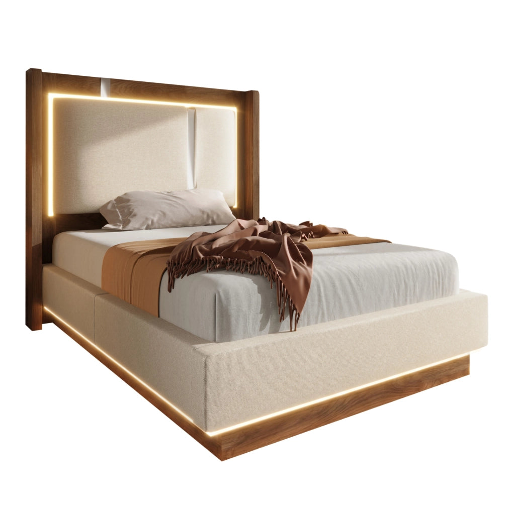 Letto singolo 90x200 cm in lino beige con LED; contenitore con alzata idraulica e rete a doghe
