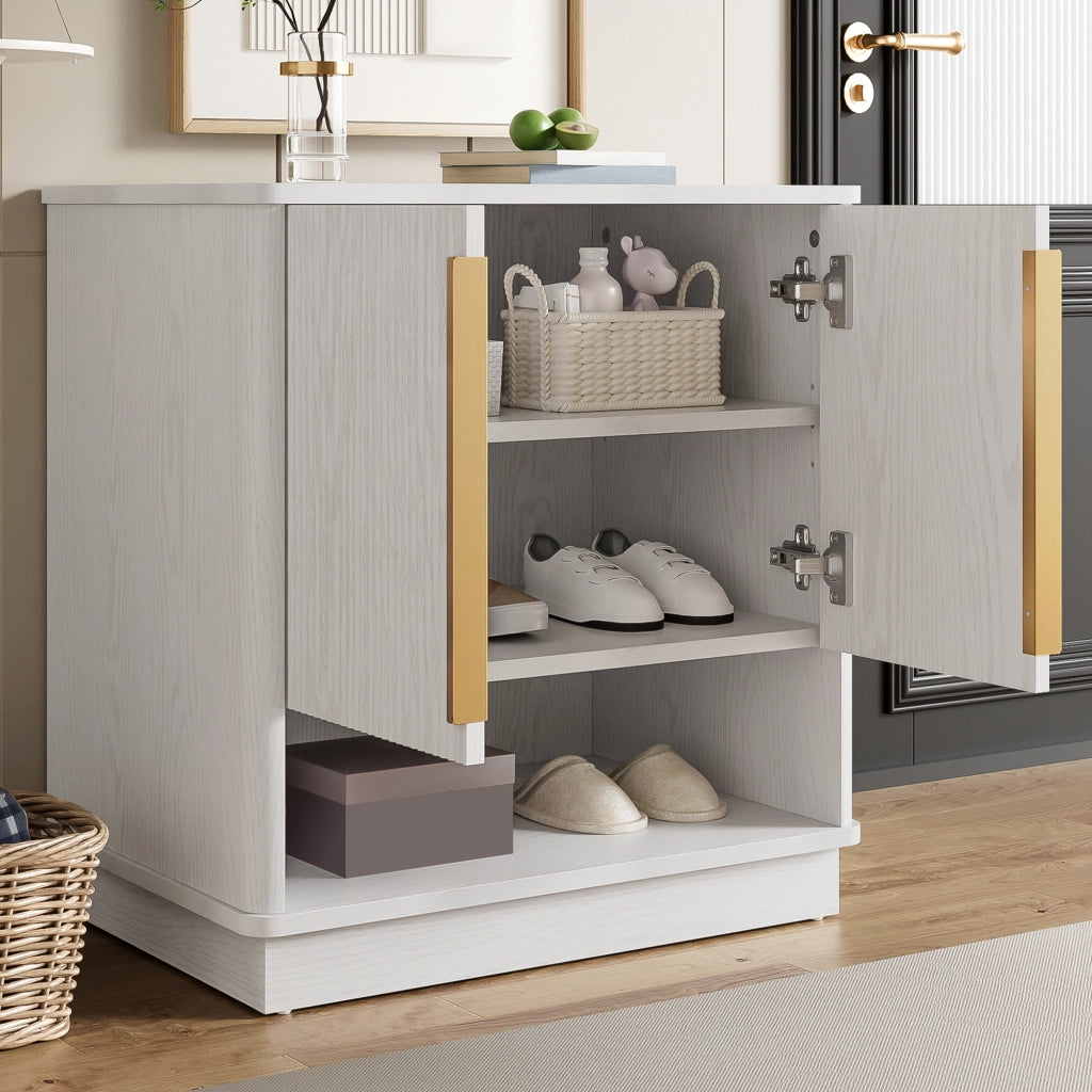 Scarpiera con 2 ante e vano aperto con ripiani regolabili in MDF legno bianco con maniglie dorate 60 × 40 × 61 cm