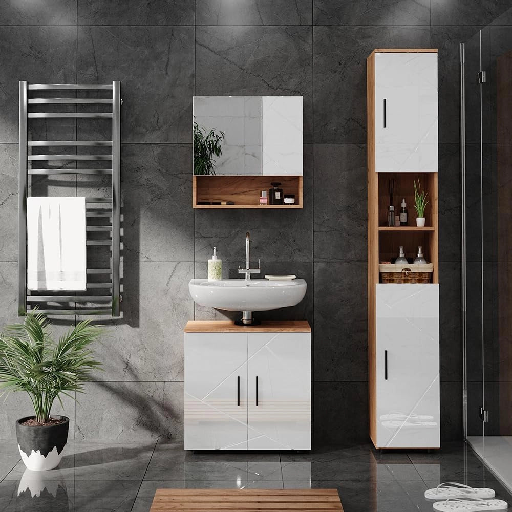 Set di mobili da bagno Irma, Bianco lucido/oro power oak, 80 cm, composto da mobile sottolavabo, specchiera e colonna alta