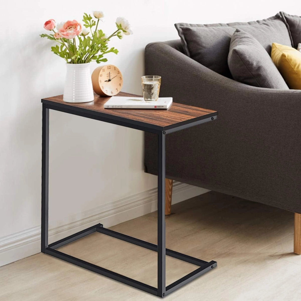 Tavolino a Forma di C, Tavolino Salvaspazio, Struttura in Legno e Ferro, Industriale, Ideale per Soggiorno, Camera da Letto, Ufficio, 55x35x65 cm, 2 Colori Disponibili