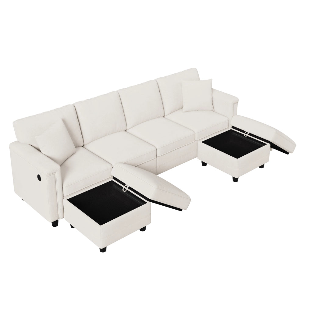 Divano modulare beige 261x134x82 cm con pouf contenitore; USB e Type-C