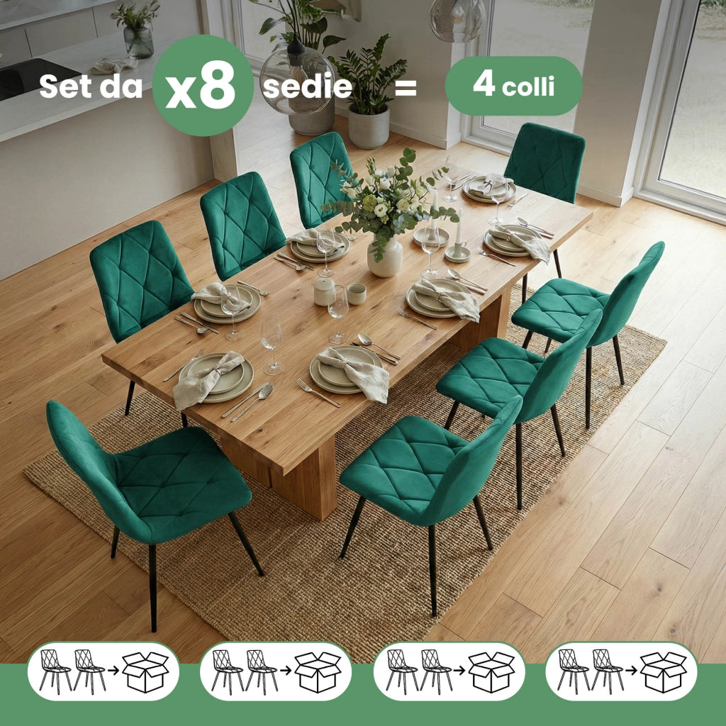 Set di 8 Sedie in velluto trapuntate MILO Verde Bottiglia gambe nere