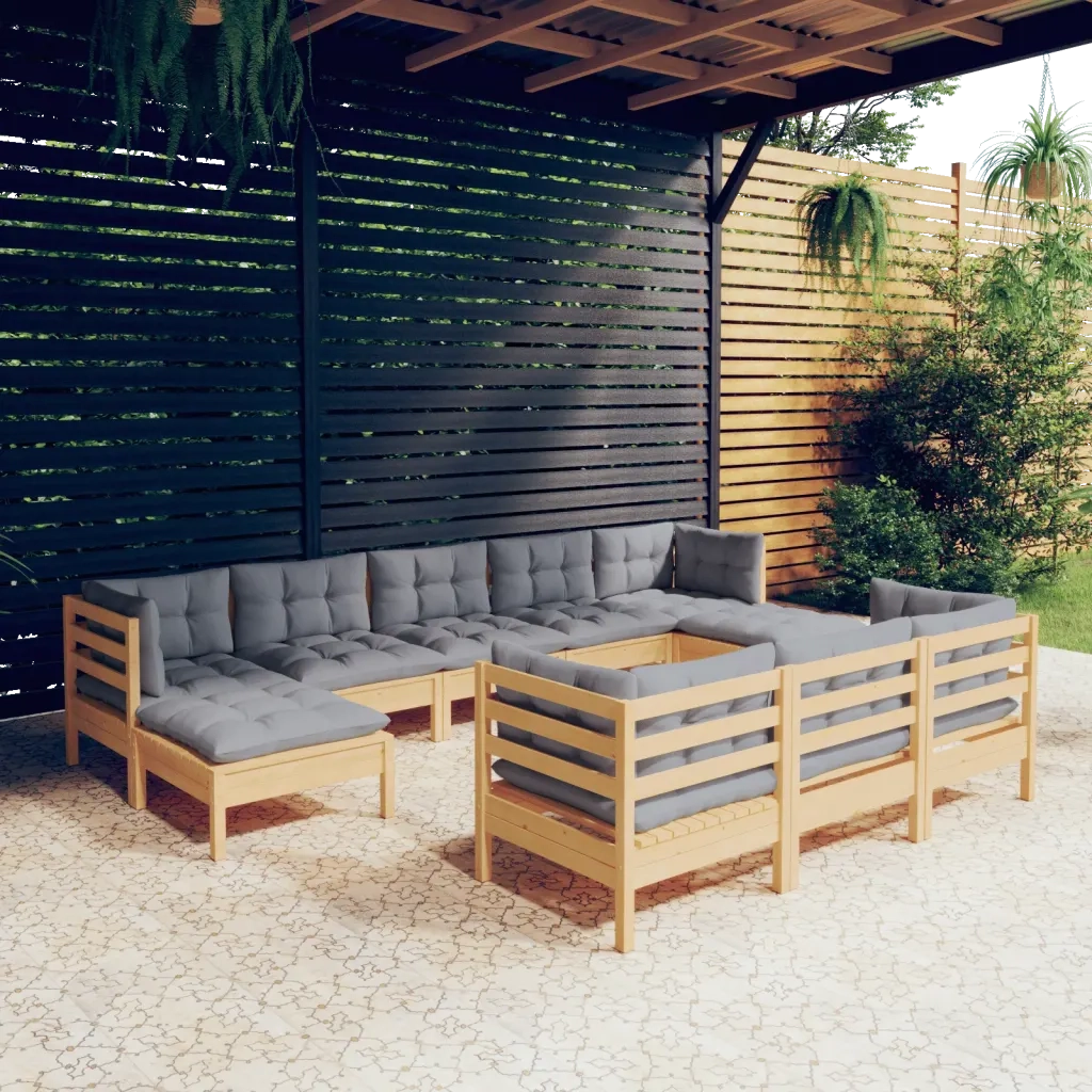 Set Divani da Giardino 10 pz con Cuscini Grigi Massello di Pino 3097138
