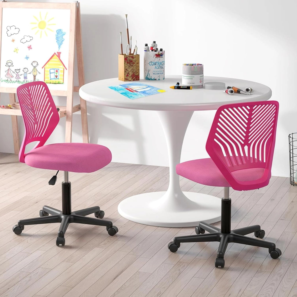 Sedia da scrivania per bambini, graziosa sedia da ufficio con schienale a forma di S e seduta imbottita, sedia da studio girevole senza maniche su ruote, per ragazzi e ragazze (rosa)