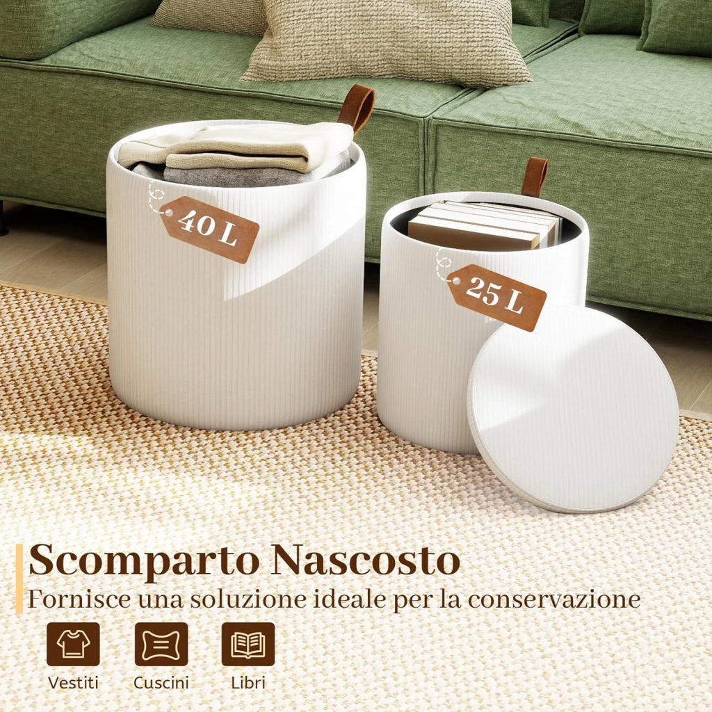 Set di 2 Pouf Contenitore in Velluto, Pouf Rotondi Imbottiti da 40L + 25L, Sgabelli con Contenitore per Soggiorno, Camera da Letto, Portata 150 kg (Bianco)