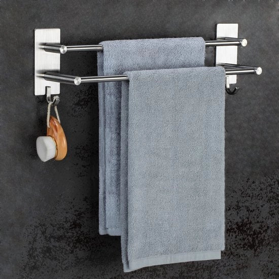 Sostegno per asciugamano senza fori per asciugamano RVS per asciugamano adesivo per asciugamano da bagno doppio con 2 attacchi per asciugamano per parete montaggio da bagno cucina