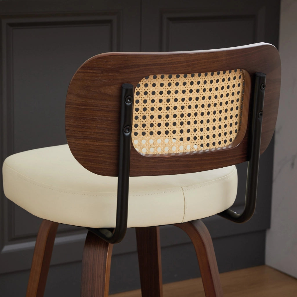 Set di 2 Sgabelli da Bar Girevoli con Schienale in Paglia di Vienna e Seduta Imbottita; Pelle PU; Beige