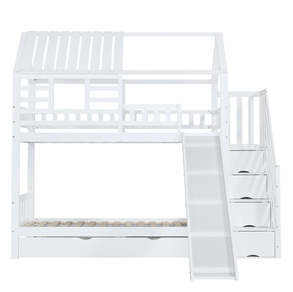 Letto a castello a casetta con scala contenitore e scivolo 90x200 cm; legno massello e MDF; bianco