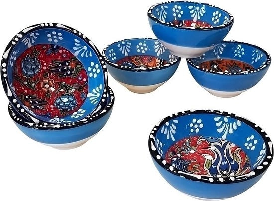 Set di piatti ceramici da 6 - set di piatti da servire per tapas, dip, dessert, piatto per snack - piatti colorati e decorati a mano - 8x4 cm (Set Iznik Blu)