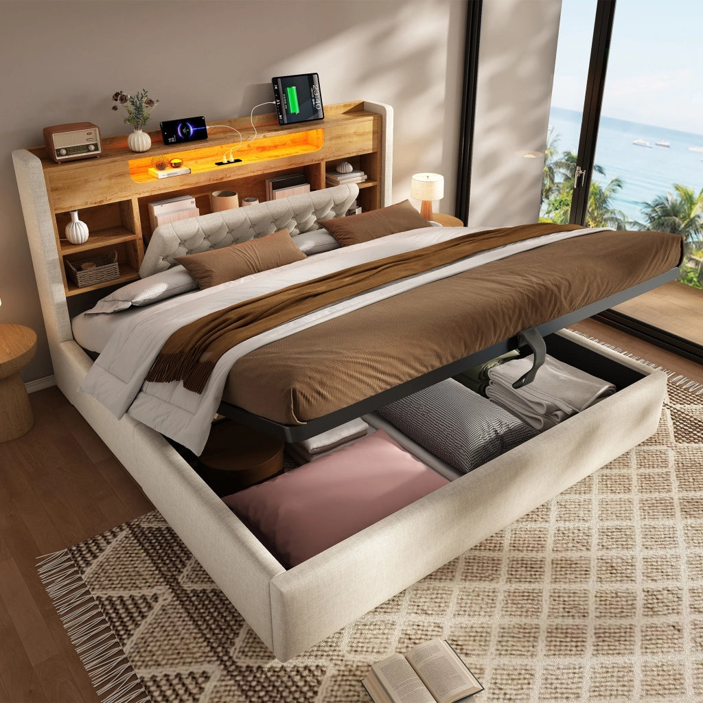 Letto matrimoniale imbottito 140x200 cm, con vano contenitore, illuminazione a LED, porte USB/Type-C, tessuto in lino, beige