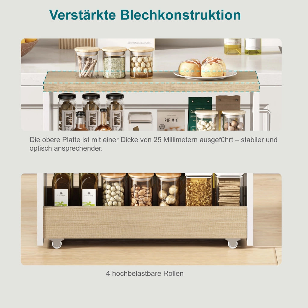 Carrello da cucina salvaspazio con 4 ripiani regolabili e 4 ruote per cucina e bagno bianco naturale 55 × 16 × 85 cm