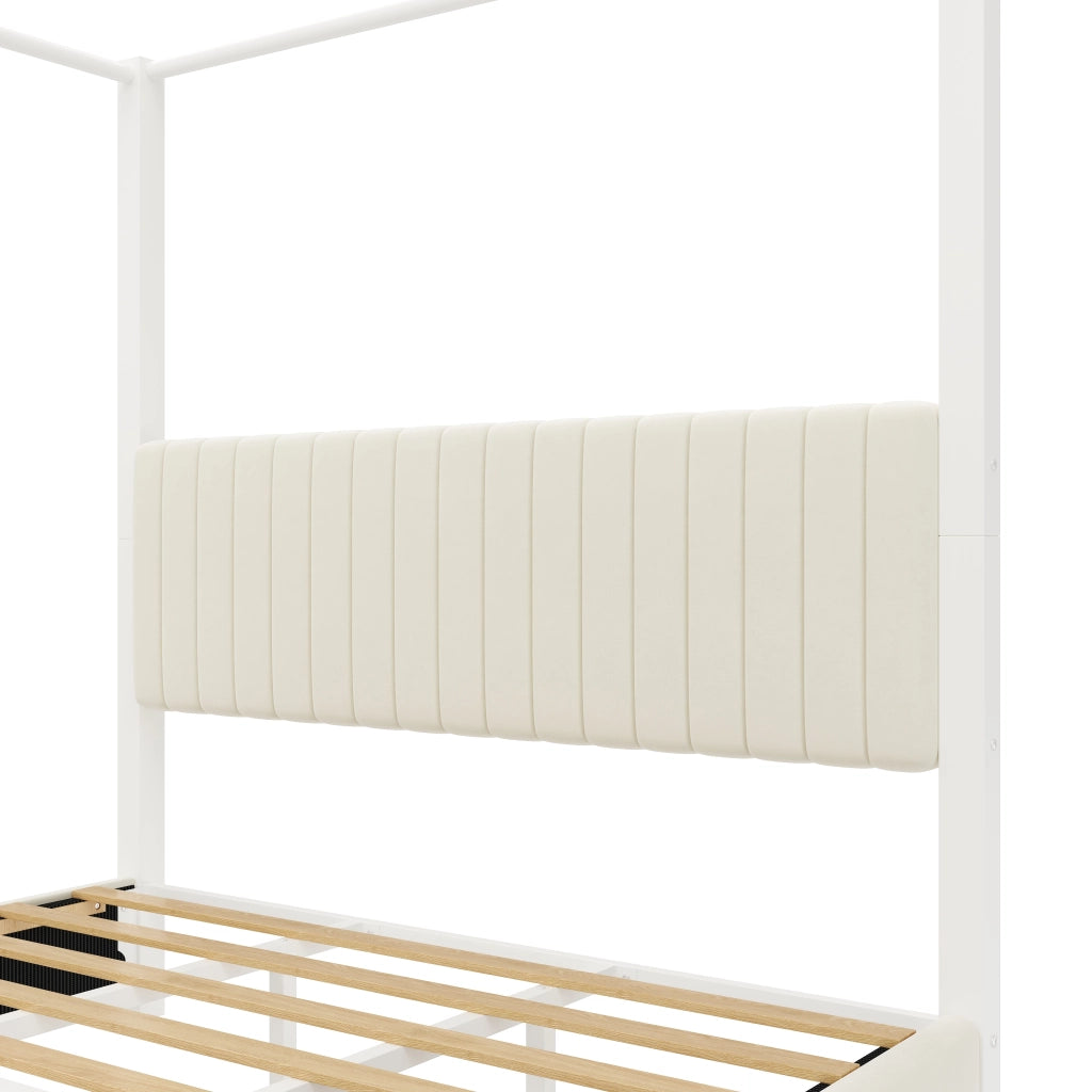 Letto matrimoniale 180 × 200 cm con struttura a baldacchino, testiera imbottita, senza materasso, in MDF e metallo, beige e bianco