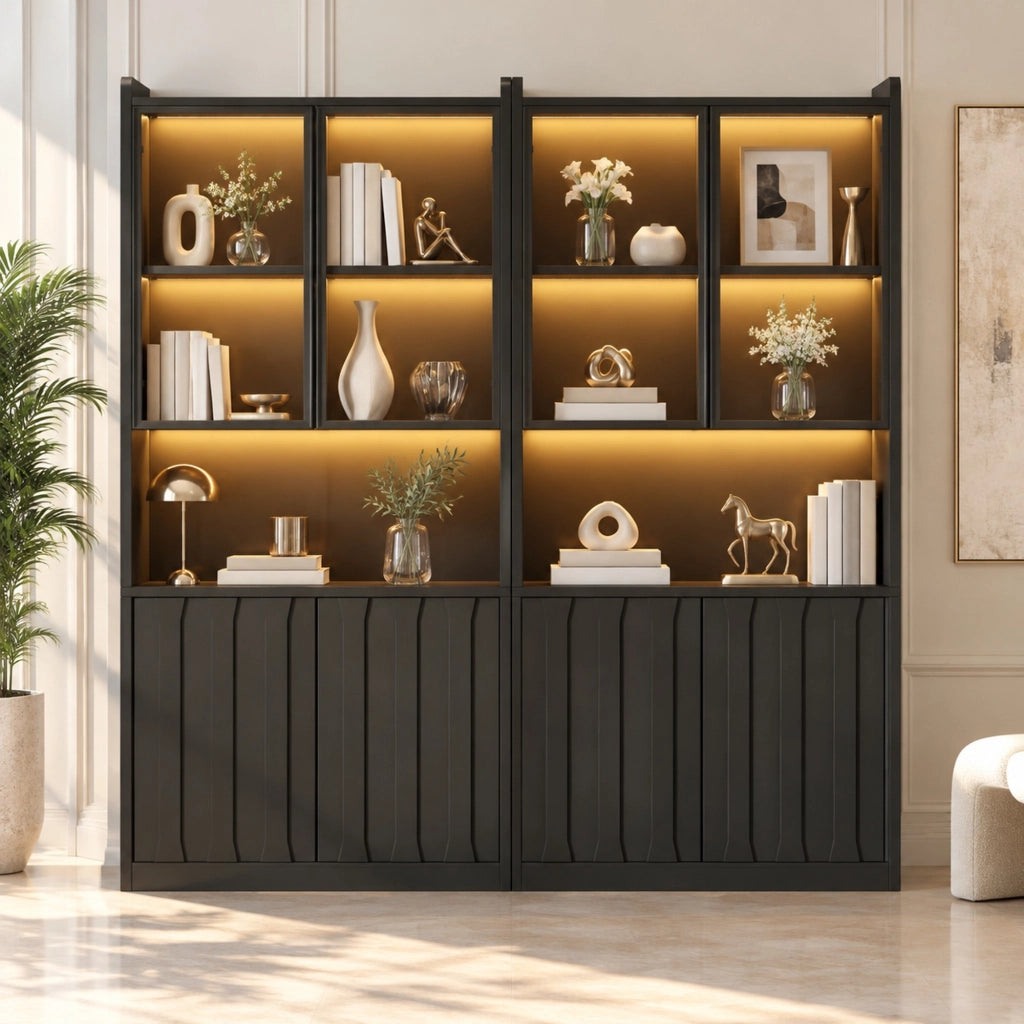 VETRINA Set da 2 pezzi 160x35x200 cm Nera con vetro temperato e LED