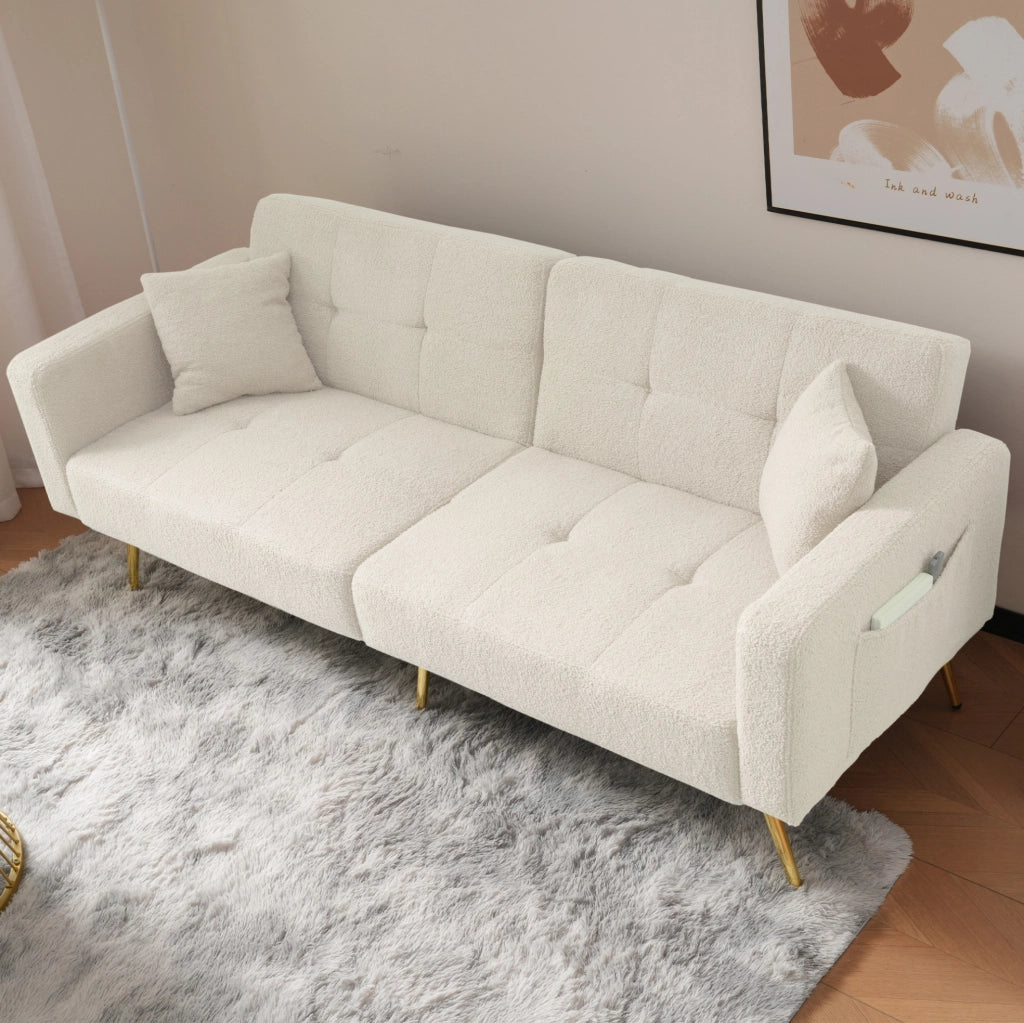 Divano letto regolabile in tessuto Sherpa bianco con tasche laterali e gambe dorate