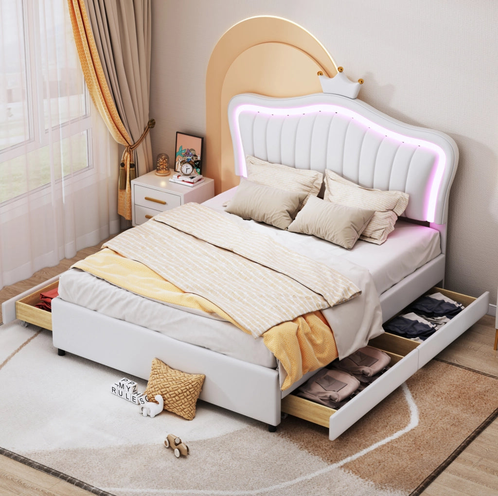 Letto per bambini imbottito 140x200 cm con contenitore; LED e testiera a conchiglia; bianco