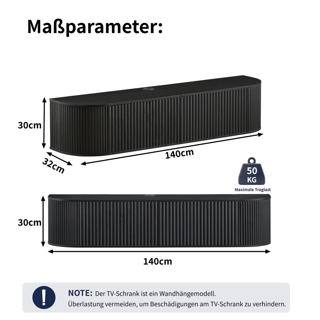 Mobile porta TV sospeso con passacavi e cerniere ammortizzate per soggiorno e camera da letto nero 140 × 32 × 30 cm