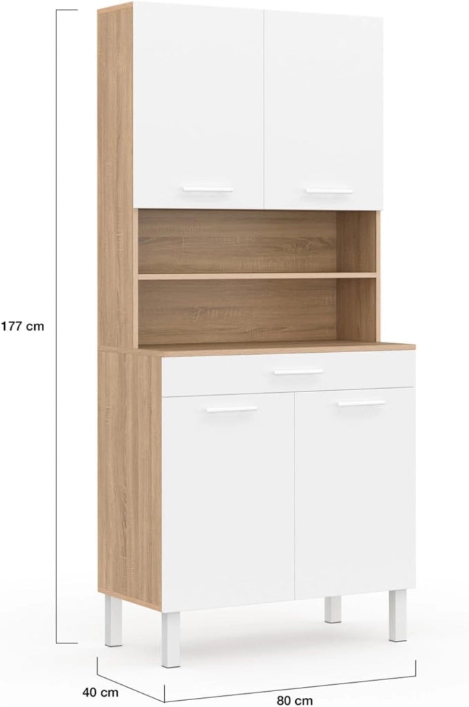 Comò da cucina CINA 80 CM con 4 ante + cassetto, finitura faggio e bianco