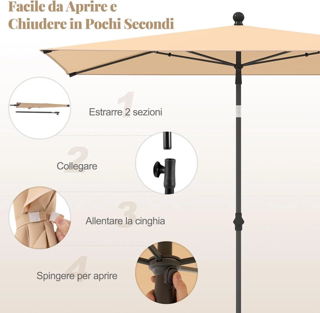 Ombrellone per Patio 213 X 140 cm, Ombrellone Rettangolare da Esterno con Inclinazione Regolabile, Borsa di Trasporto, Parasole Pieghevole per Veranda, Giardino, Piscina, Spiaggia (Beige)