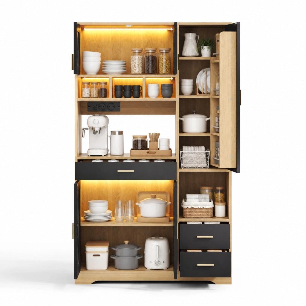 Credenza da cucina 105x40x185 cm nera e naturale in MDF con LED
