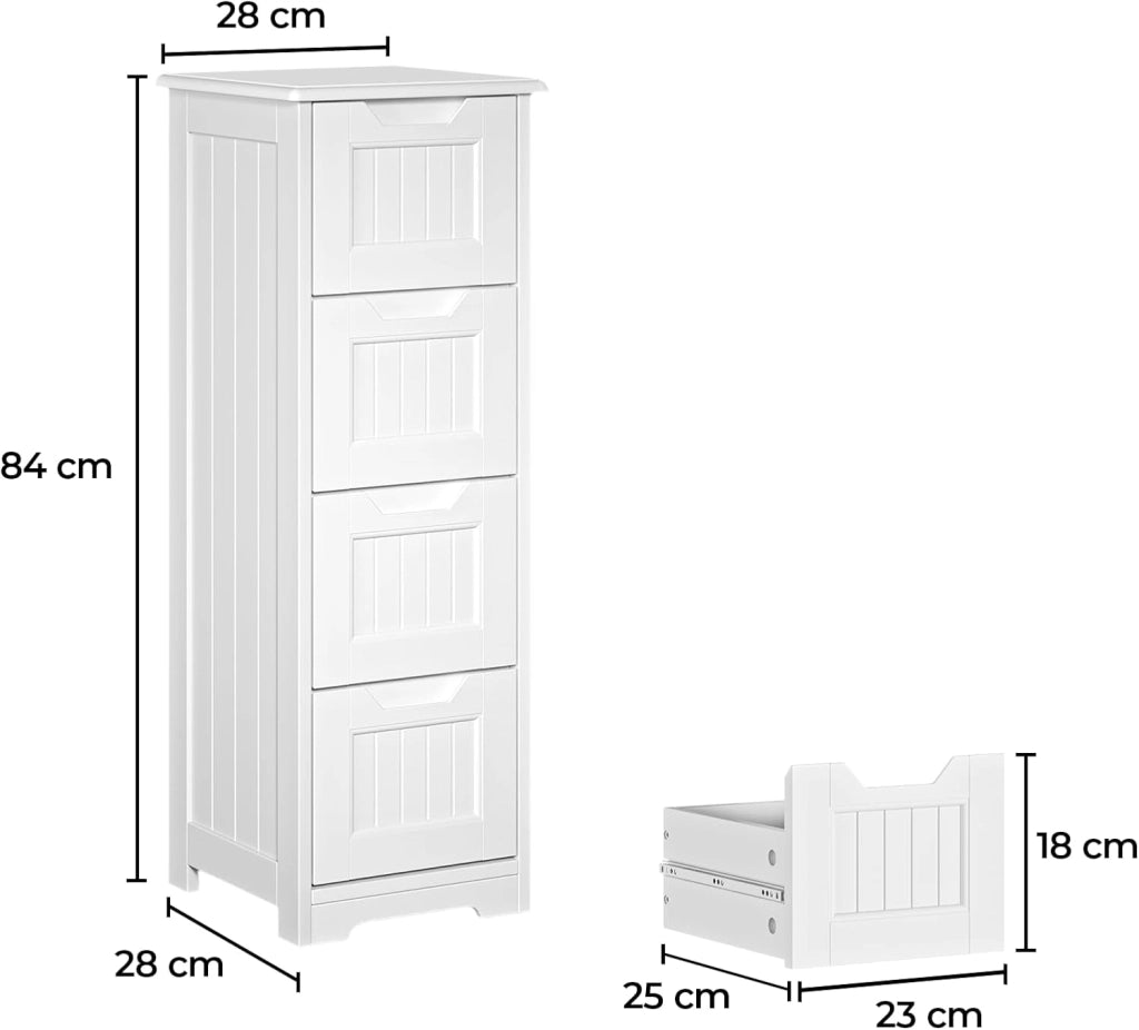 Mobile Bagno con 4 Cassetti,Armadio Bagno Stretto,Conservazione MDF Impermeabile,Mobile Laterale per Bagno,Camera da Letto,Ingresso,Cucina,30X30X85CM,Bianco