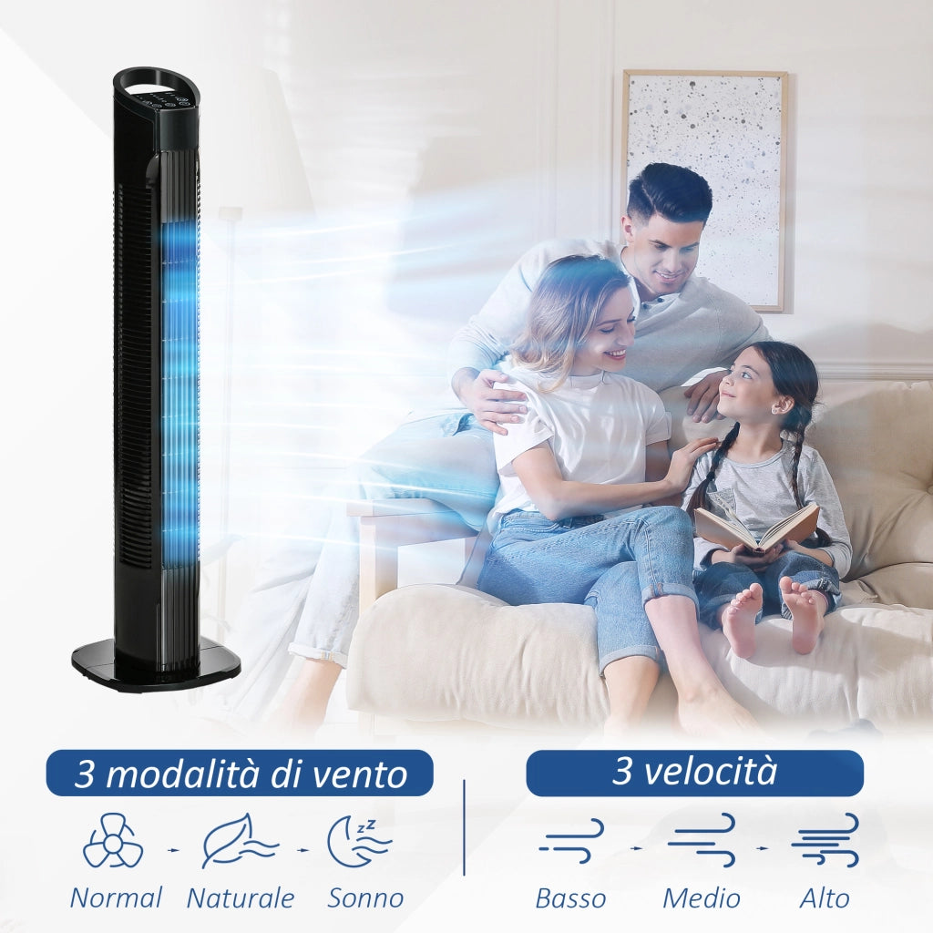 Ventilatore a Torre da Terra 3 Funzioni e 3 Velocità con Telecomando Oscillante 70° Nero