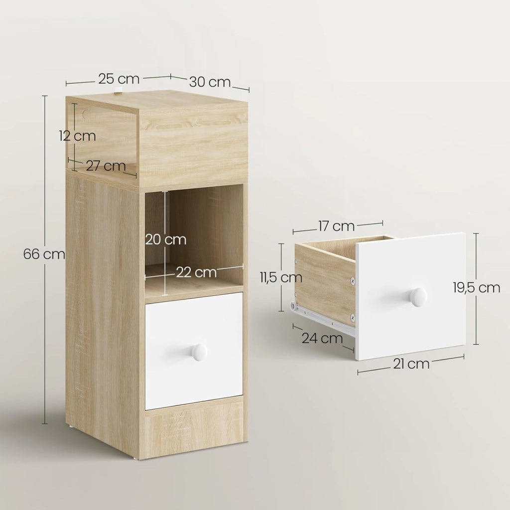 Set di 2 Comodino Stretto, Comodino con 2 Scomparti a Giorno e Cassetto, Tavolino da Notte 25x30x66cm, Mobile Salvaspazio per Camera da Letto, Soggiorno, in Truciolato, Rovere, 0192ZZ-2
