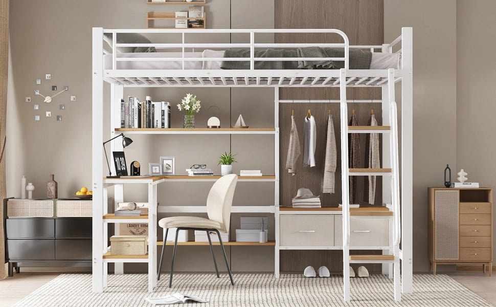 Letto a castello in ferro e MDF bianco e naturale con scrivania scaffale e due scatole tessili 90x200cm