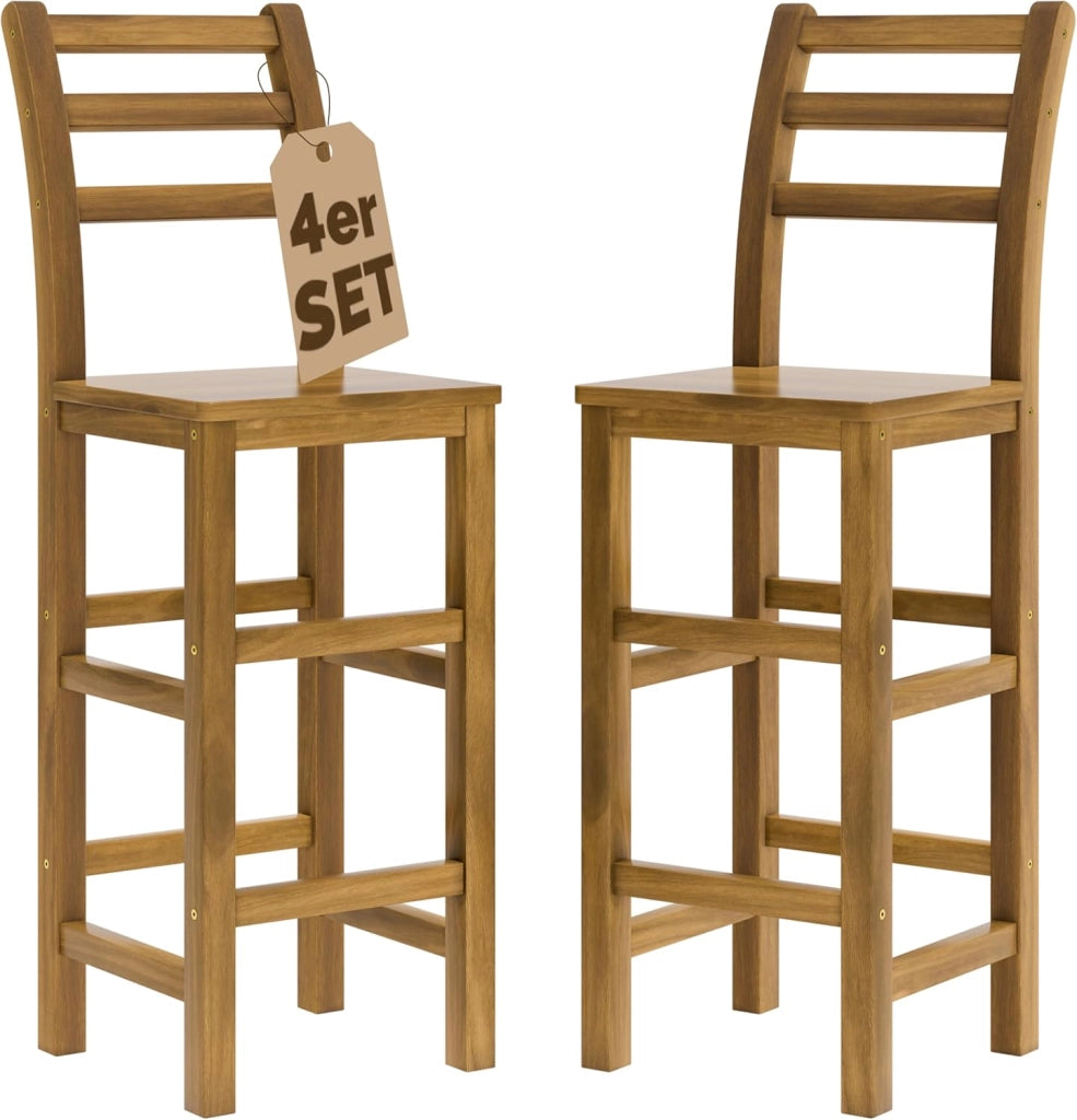 ® Set 4 Sgabelli Rustici in Legno con Schienale per Esterno 75cm con Poggiapiedi Sgabello Bar Giardino Cucina
