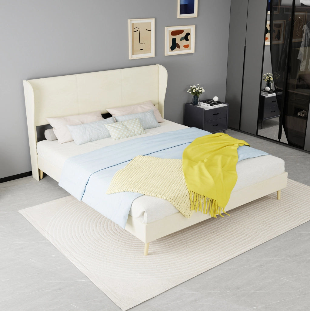Letto imbottito 160x200 cm beige in tessuto e metallo, con testiera