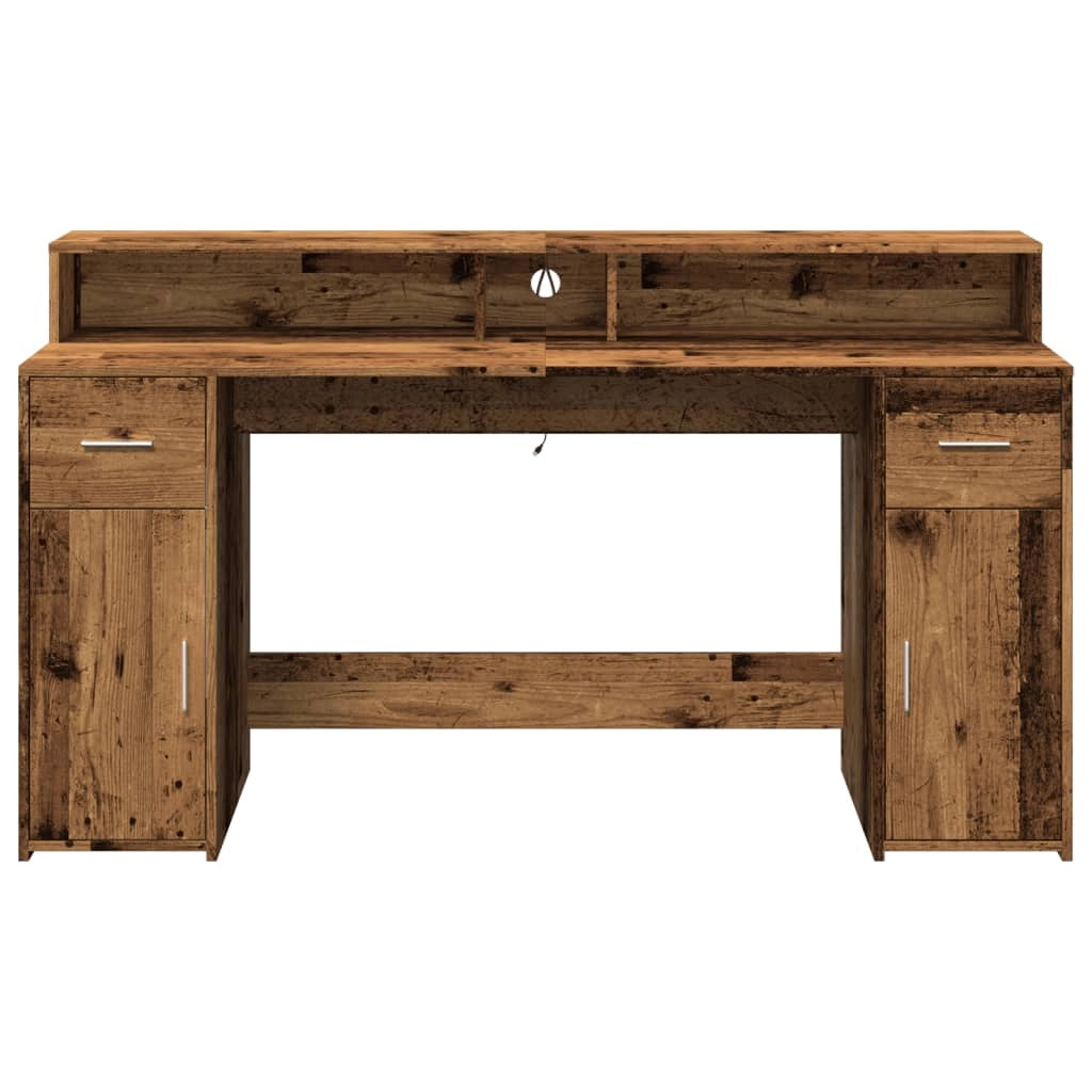 Scrivania tavolo postazione di lavoro mobile per computer studio con luci a LED legno vecchio legno ingegnerizzato marrone 02_0023441