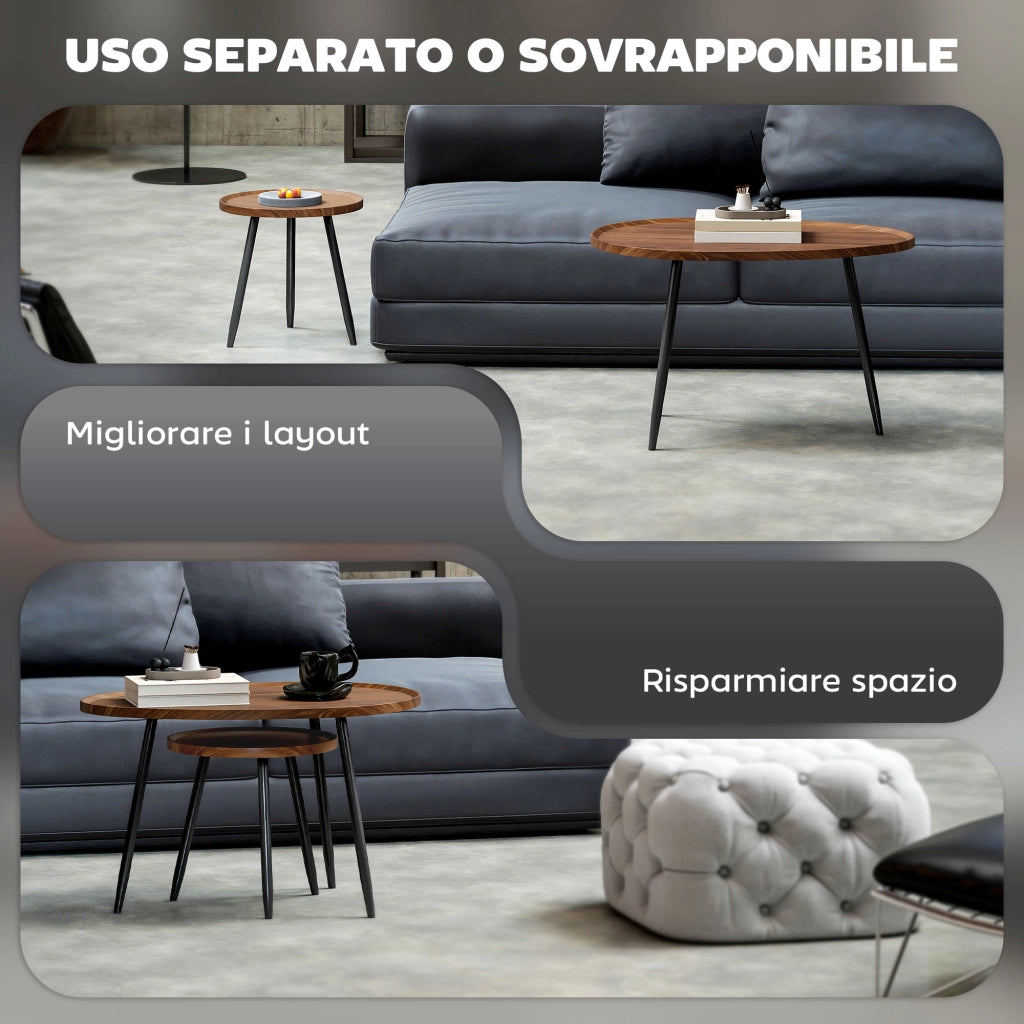 Set 2 Tavolini da Salotto Sovrapponibili in Legno e Metallo. Colore Legno Scuro