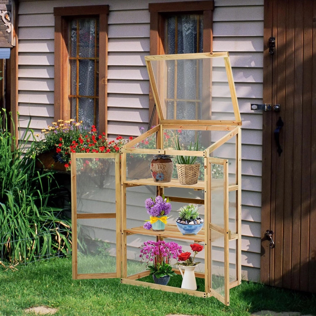 Mini Serra da Giardino a 3 Ripiani in Legno, Serra da Esterno e Interno per Piante e Orto con Coperchio e Ante Apribili, Mini Serra da Giardino e Balcone, 60 x 45 x 100 cm