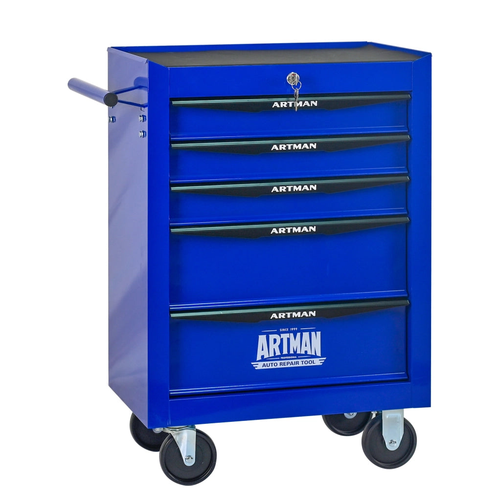 Carrello Portautensili in Acciaio con 5 Cassetti e Ruote, 60x33x77,5 cm, Nero e Blu
