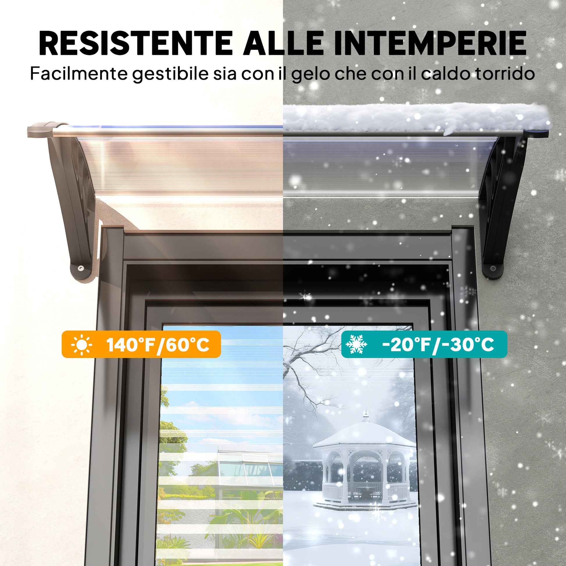 Pensilina da Esterni Impermeabile e Anti-UV 75x100x23 cm in PC PP e Alluminio Trasparente e Nero