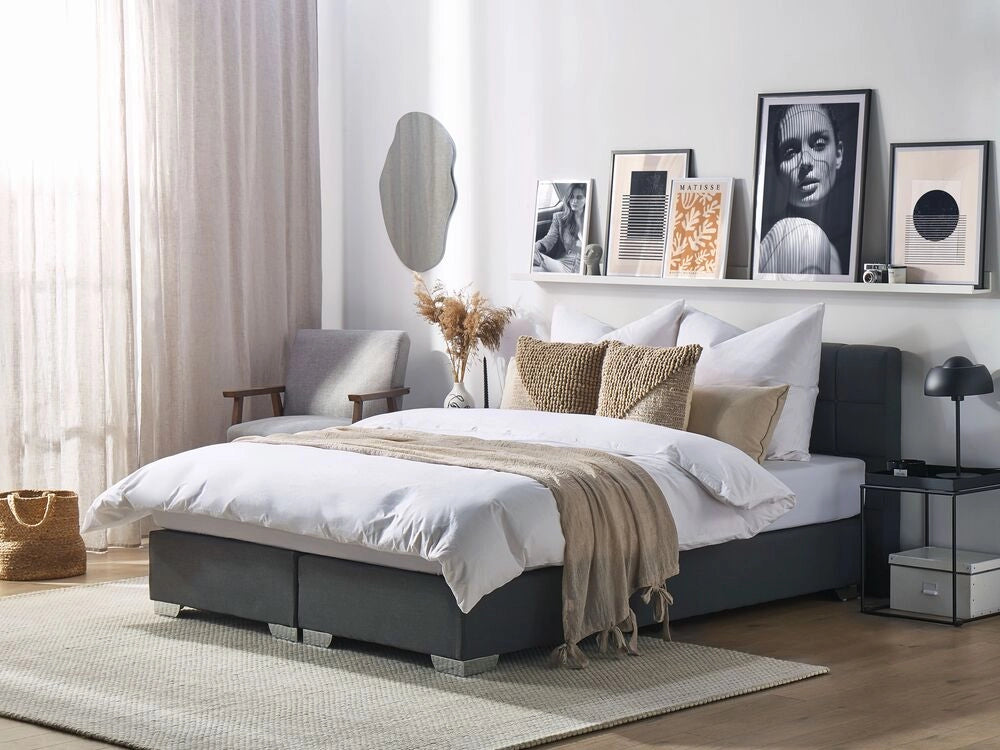Letto Tessuto Nero Imbottito 160 x 200 cm Struttura Con Testiera Trapuntata E Materasso