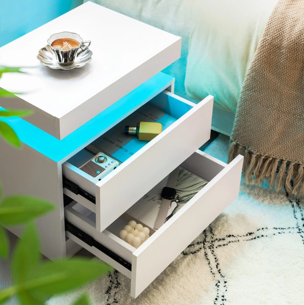 Comodino ULEVR bianco con 2 cassetti, vano aperto e luci LED multicolore regolabili