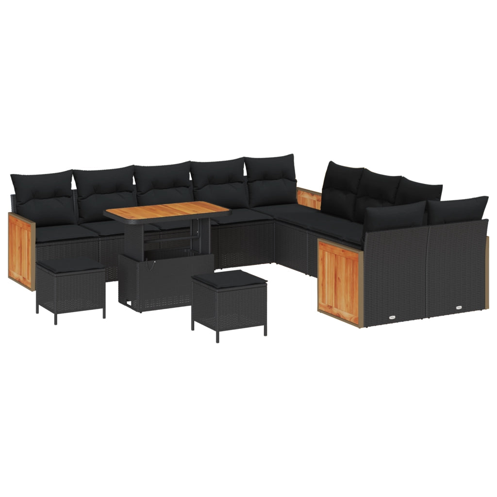 Set divano giardino 13 pezzi con cuscini neri in polyrattan e acacia