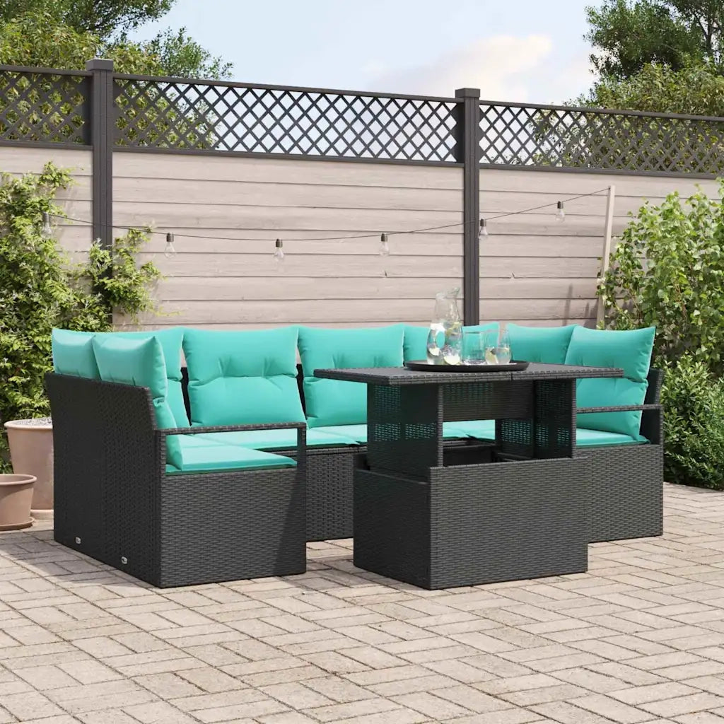 Set Divano da Giardino con cuscino 7 pcs Nero e blu polyrattan