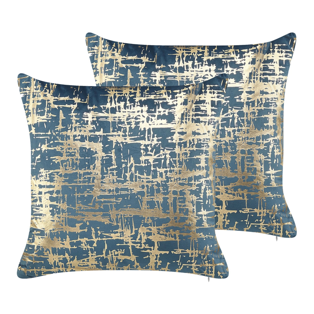 Set di 2 cuscini decorativi in poliestere blu e dorato effetto craquelé 45 x 45 cm motivo stampato in lamina